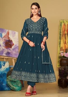 Turquoise Embroidery Georgette Kurta Set