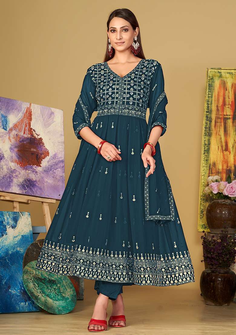 Turquoise Embroidered Georgette Anarkali Set - Indya
