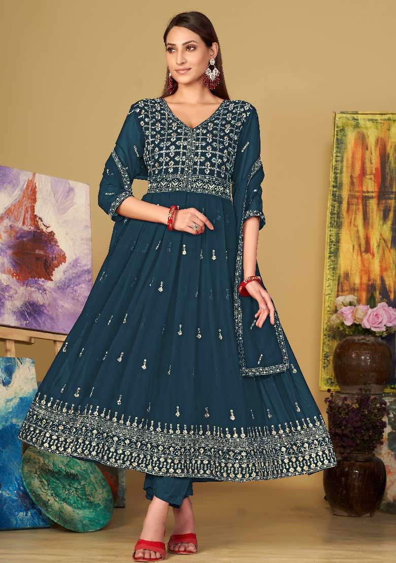 Turquoise Embroidered Georgette Anarkali Set - Indya