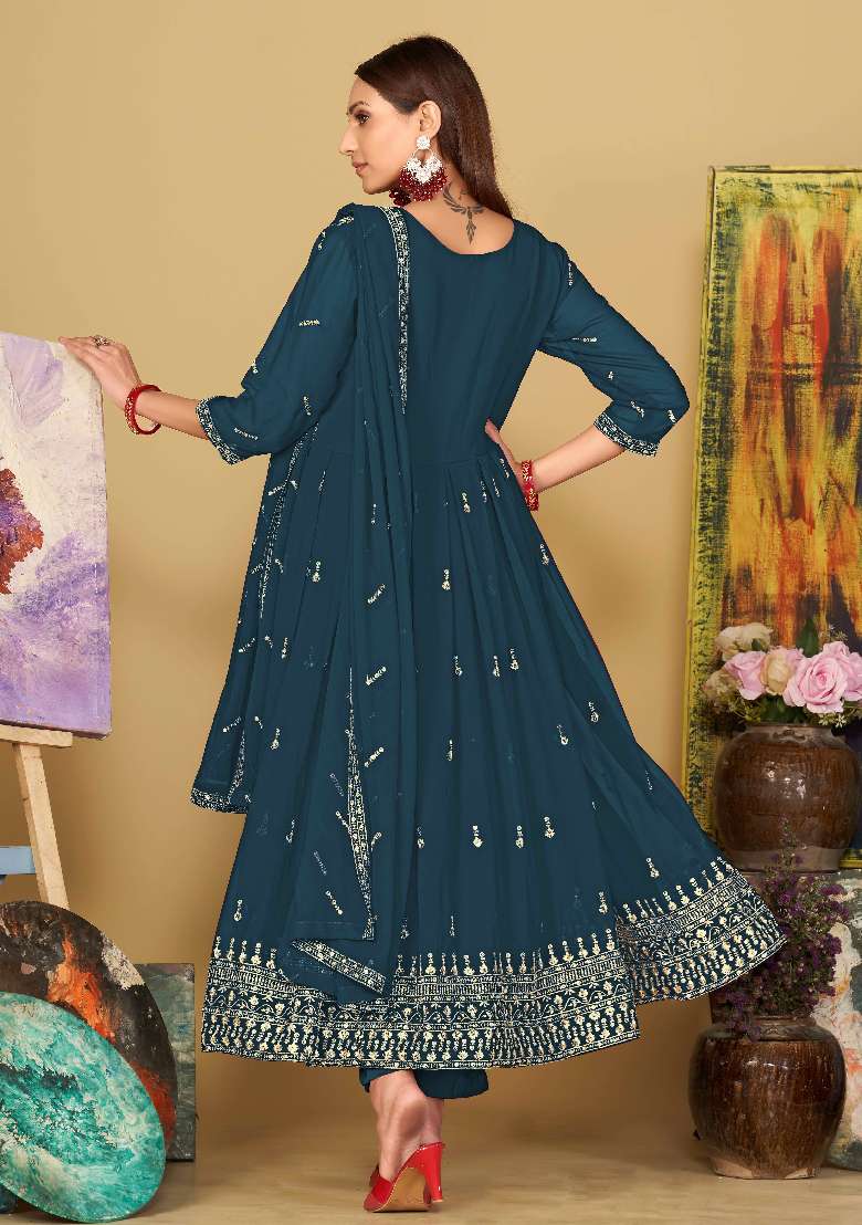 Turquoise Embroidered Georgette Anarkali Set - Indya