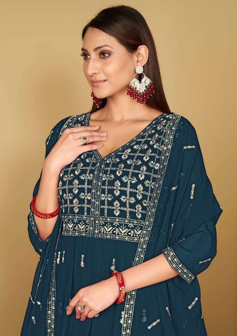 Turquoise Embroidered Georgette Anarkali Set - Indya