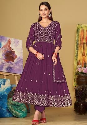 Purple Embroidery Georgette Kurta Set