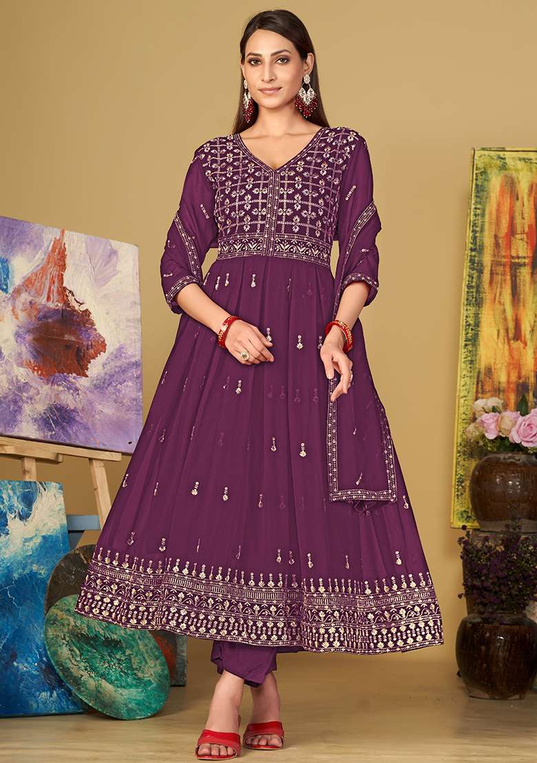 Purple Embroidered Georgette Anarkali Set - Indya