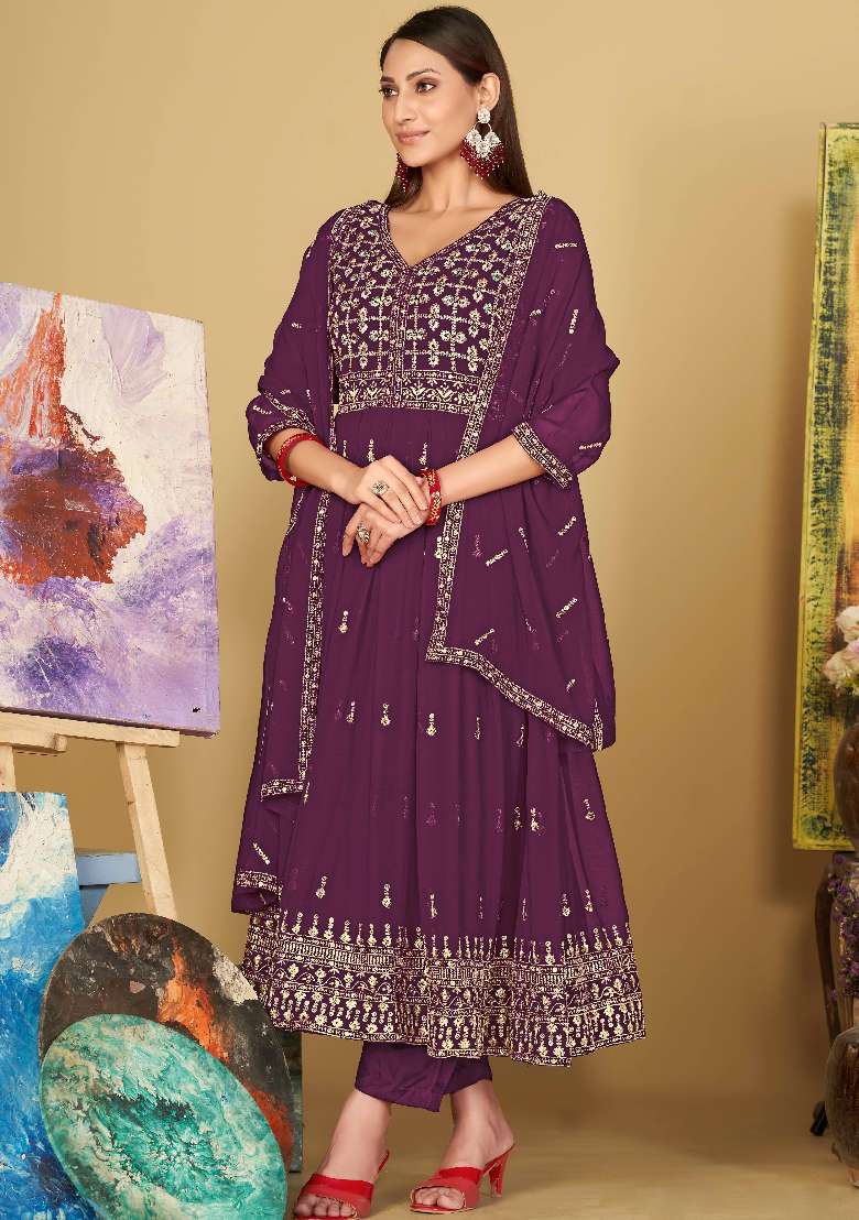 Purple Embroidered Georgette Anarkali Set - Indya