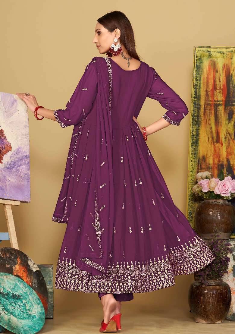 Purple Embroidered Georgette Anarkali Set - Indya