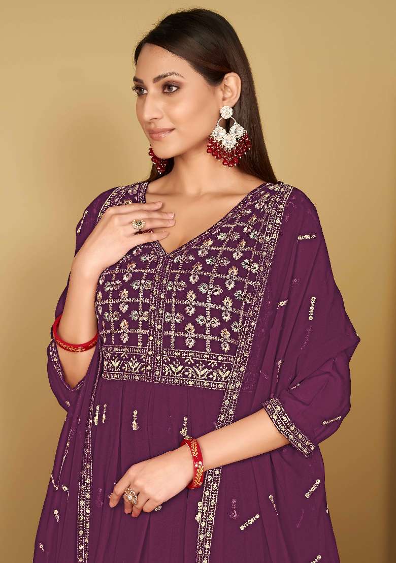 Purple Embroidered Georgette Anarkali Set - Indya