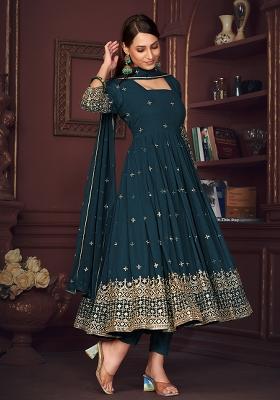 Turquoise Embroidery Georgette Kurta Set