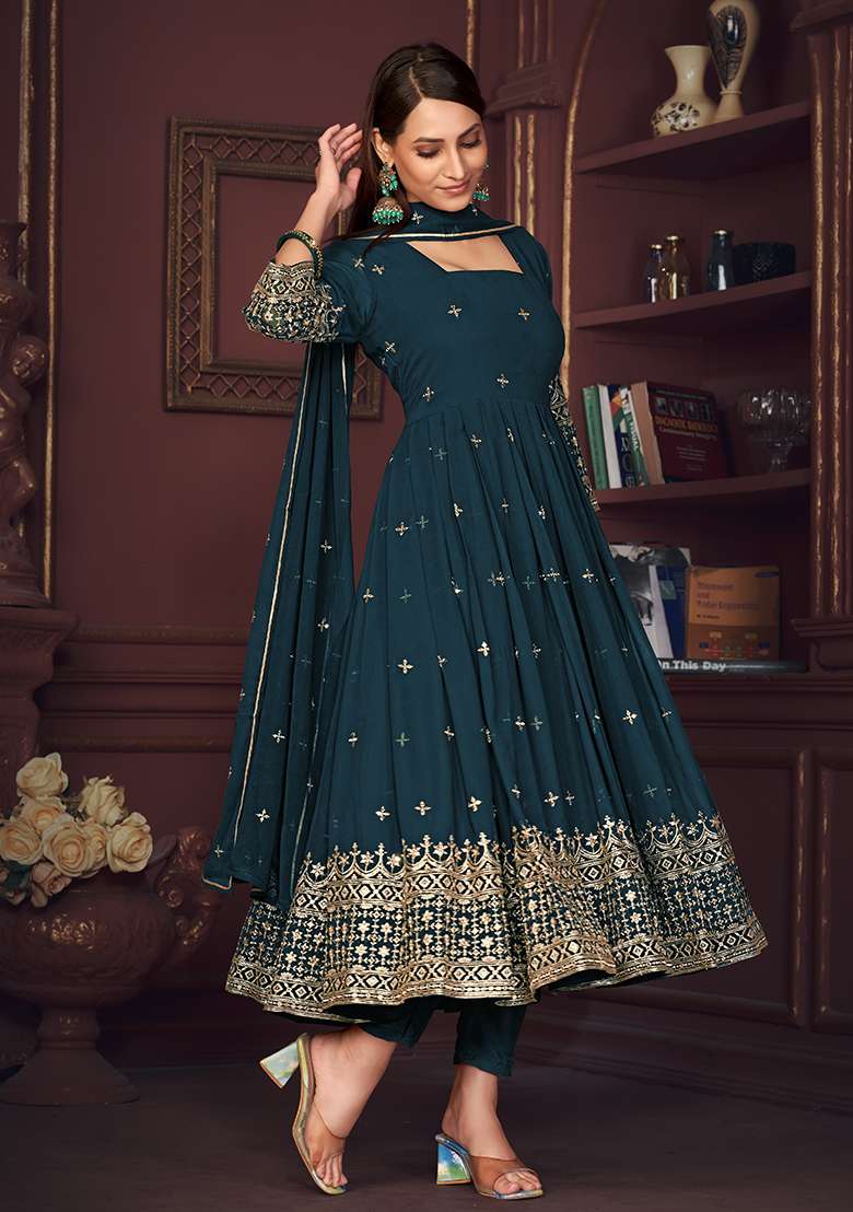 Turquoise Embroidered Georgette Anarkali Set - Indya