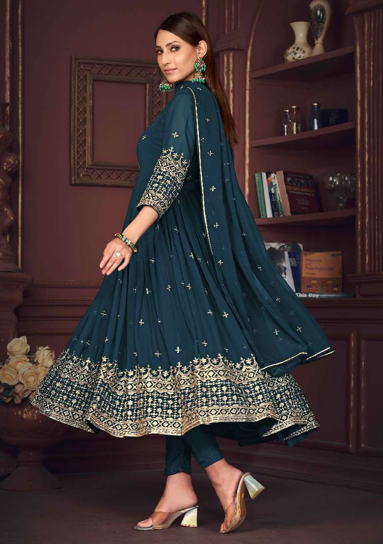 Turquoise Embroidered Georgette Anarkali Set - Indya
