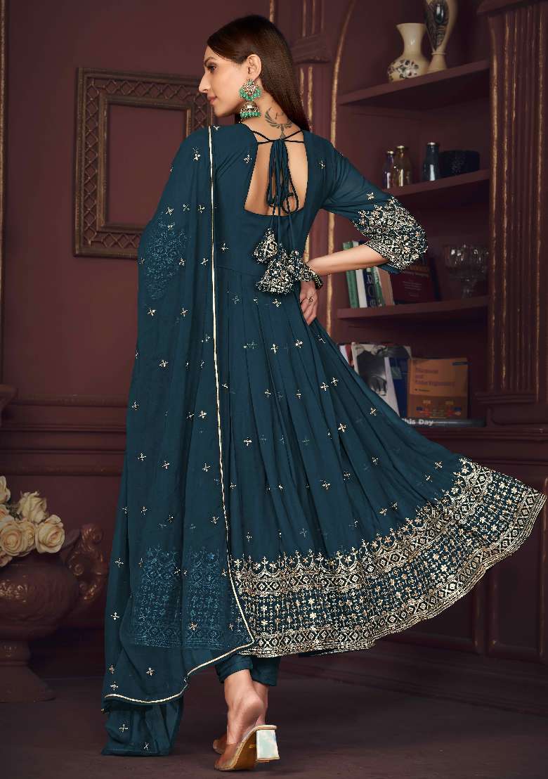 Turquoise Embroidered Georgette Anarkali Set - Indya