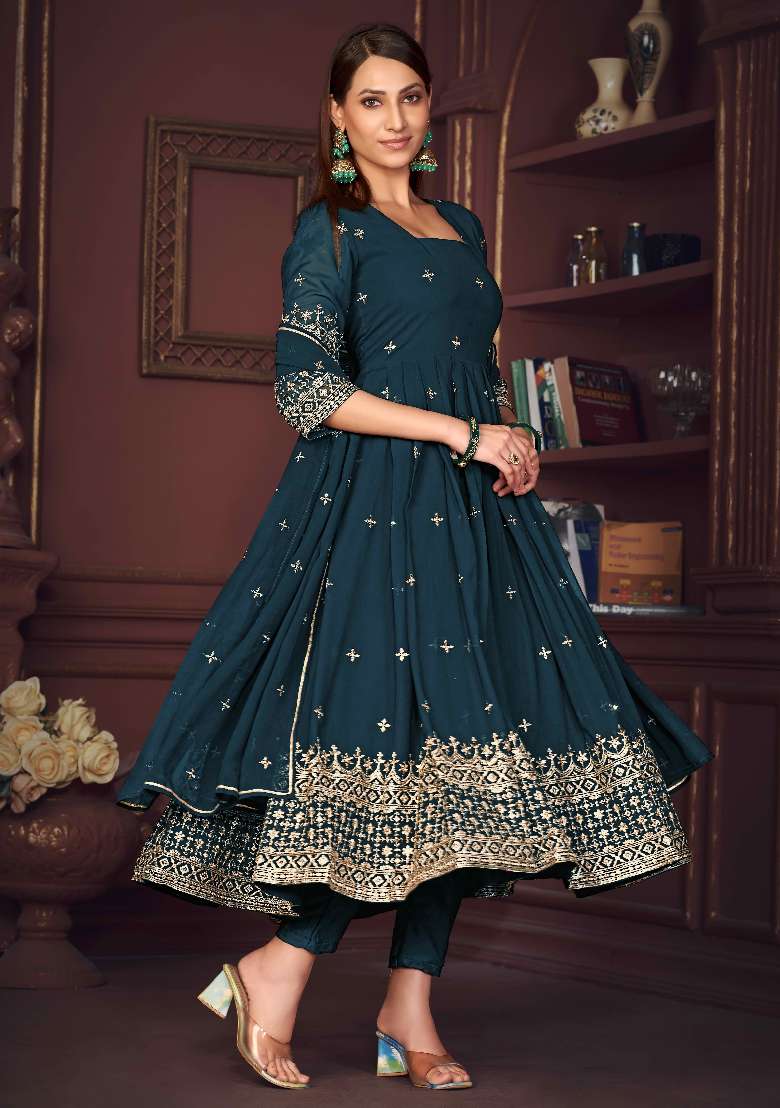 Turquoise Embroidered Georgette Anarkali Set - Indya