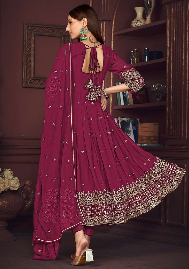 Dark Pink Embroidered Georgette Anarkali Set - Indya