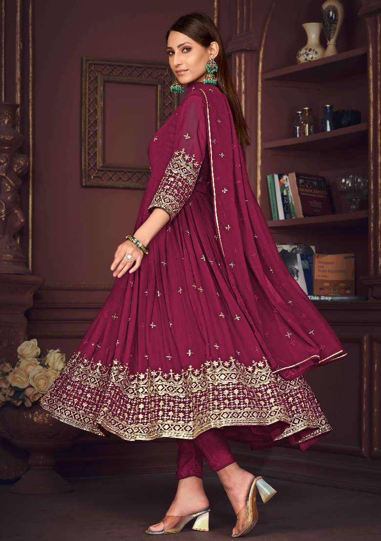 Dark Pink Embroidered Georgette Anarkali Set - Indya