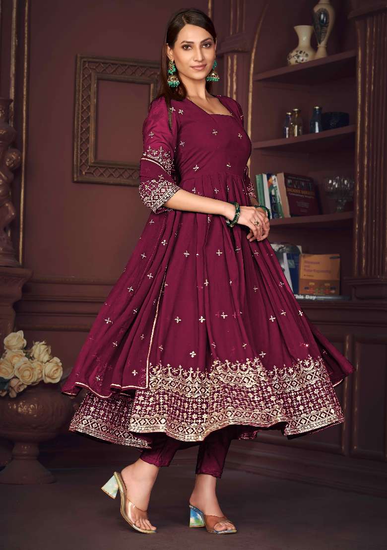 Dark Pink Embroidered Georgette Anarkali Set - Indya