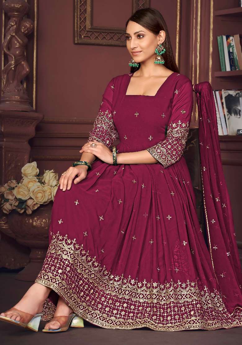 Dark Pink Embroidered Georgette Anarkali Set - Indya