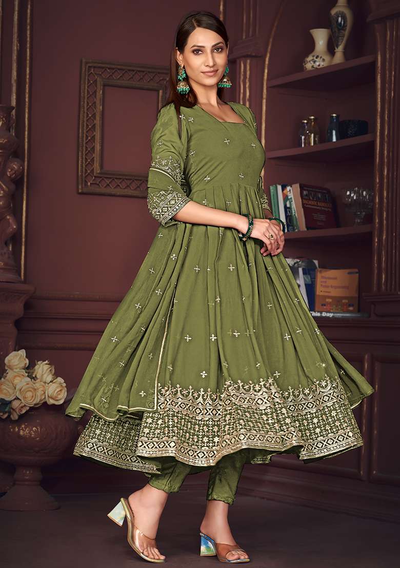 Light Green Embroidered Georgette Anarkali Set - Indya