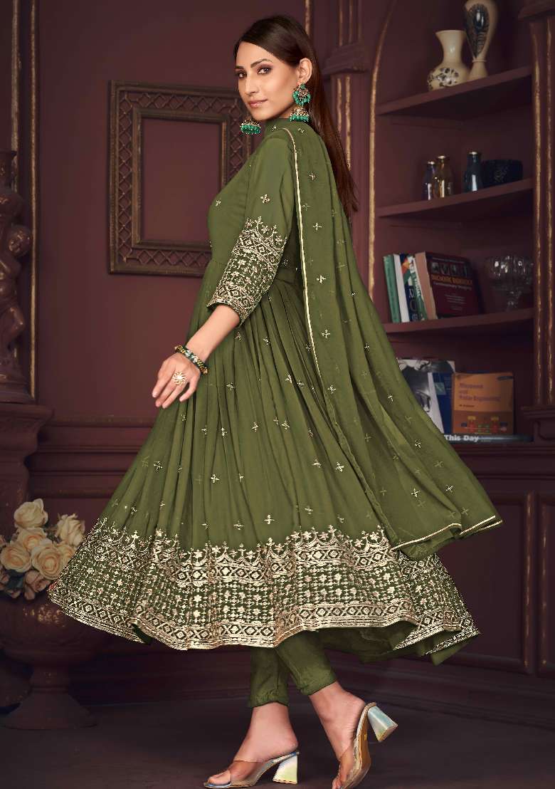 Light Green Embroidered Georgette Anarkali Set - Indya