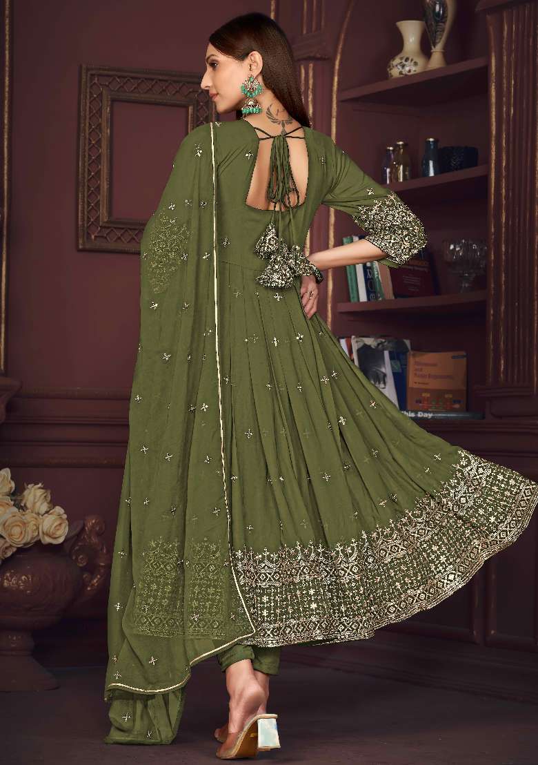 Light Green Embroidered Georgette Anarkali Set - Indya