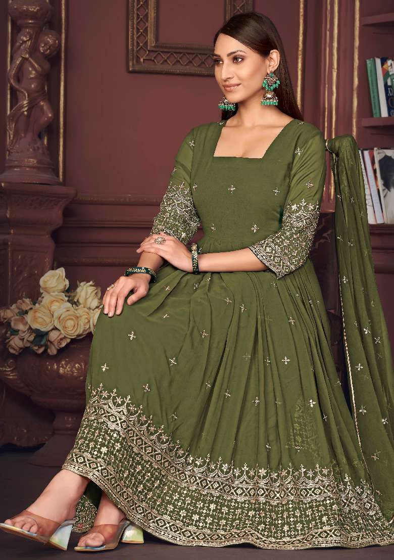 Light Green Embroidered Georgette Anarkali Set - Indya