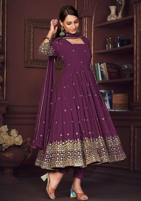 Purple Embroidery Georgette Kurta Set