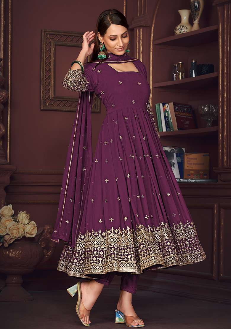 Purple Embroidered Georgette Anarkali Set - Indya
