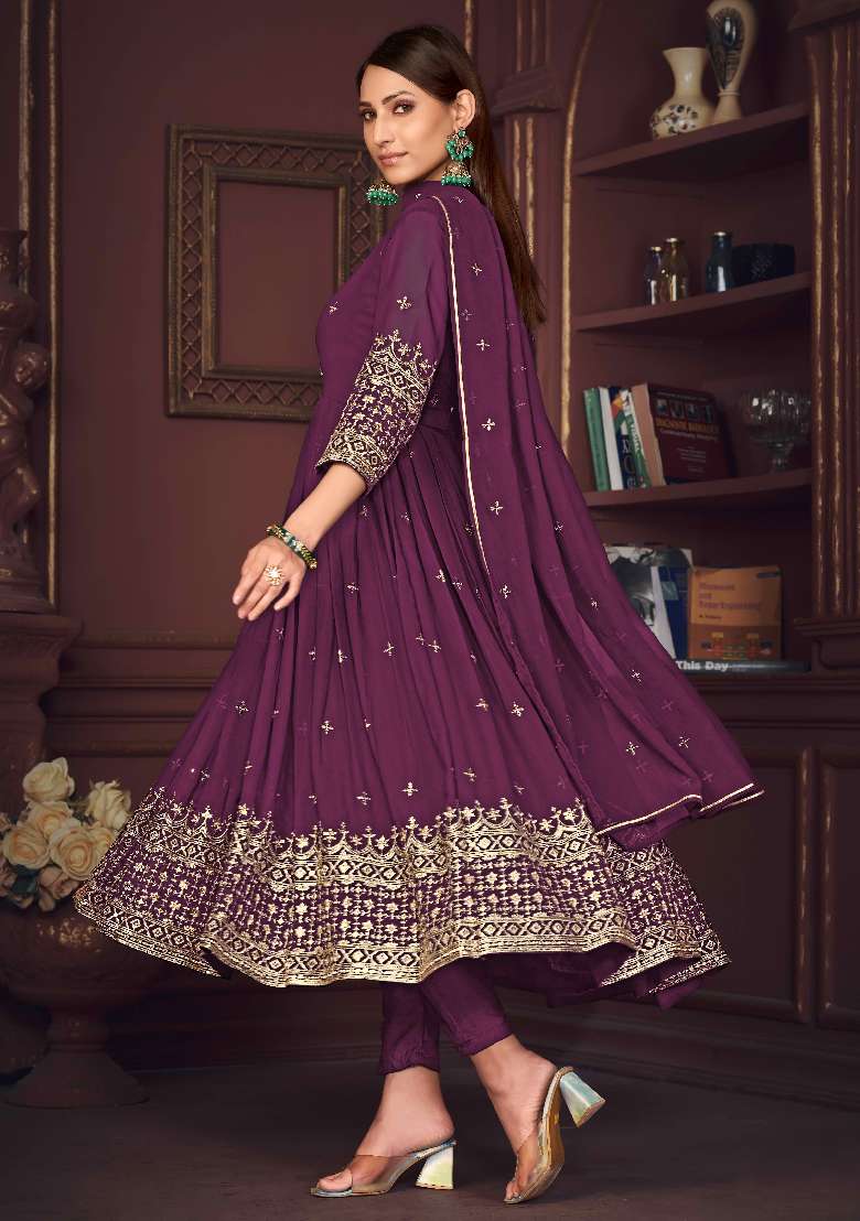 Purple Embroidered Georgette Anarkali Set - Indya