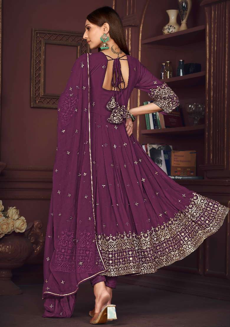 Purple Embroidered Georgette Anarkali Set - Indya