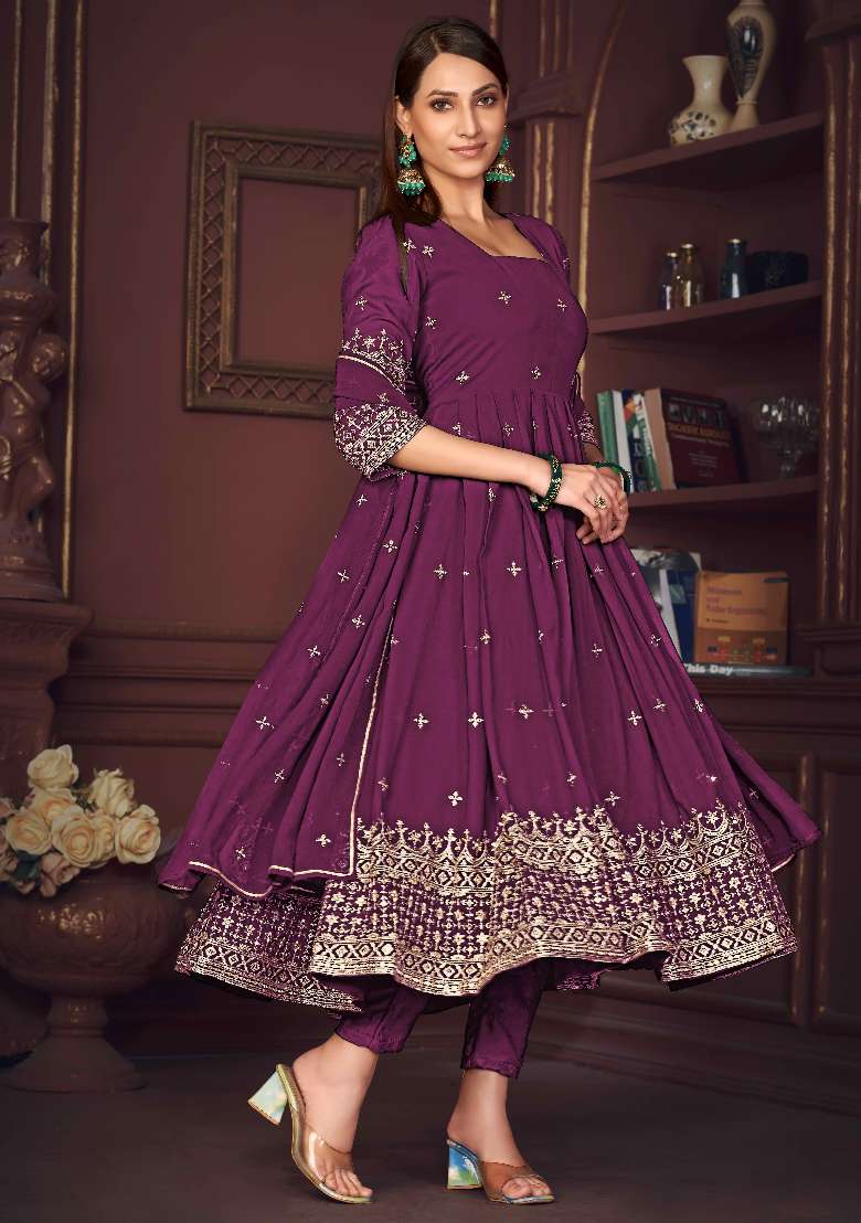 Purple Embroidered Georgette Anarkali Set - Indya