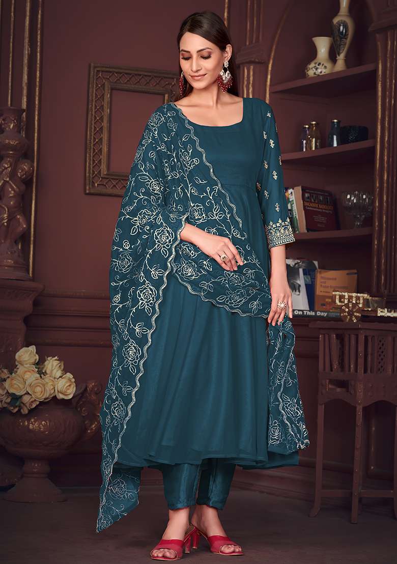 Turquoise Embroidered Georgette A Line Kurta Set - Indya