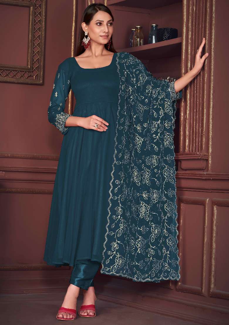 Turquoise Embroidered Georgette A Line Kurta Set - Indya