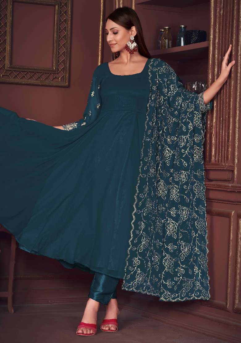 Turquoise Embroidered Georgette A Line Kurta Set - Indya