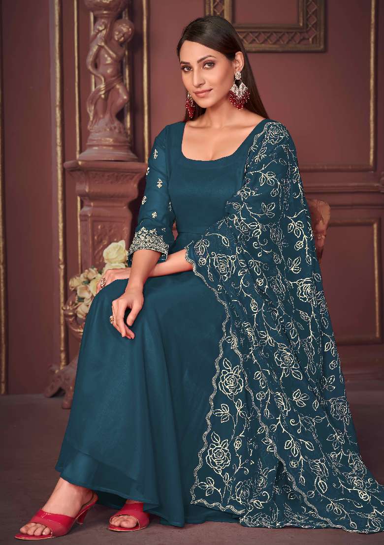 Turquoise Embroidered Georgette A Line Kurta Set - Indya