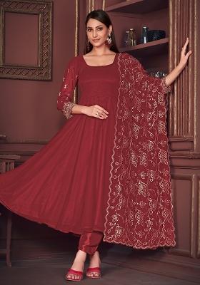 Maroon Embroidery Georgette Kurta Set