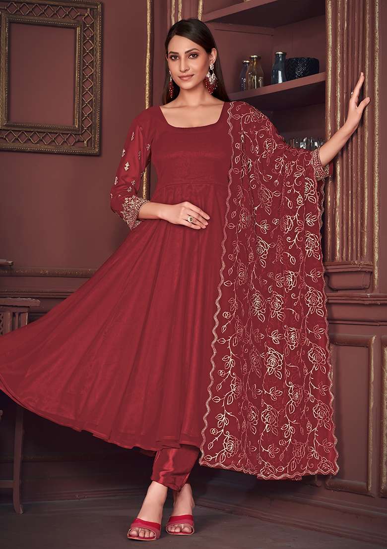 Maroon Solid Georgette Anarkali Set - Indya