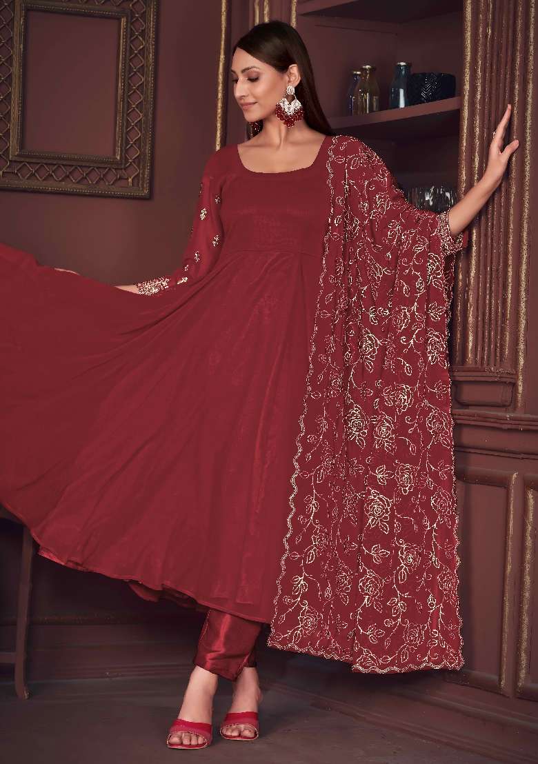 Maroon Solid Georgette Anarkali Set - Indya