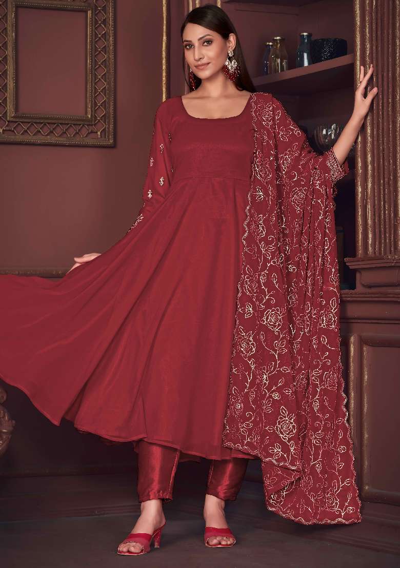 Maroon Solid Georgette Anarkali Set - Indya