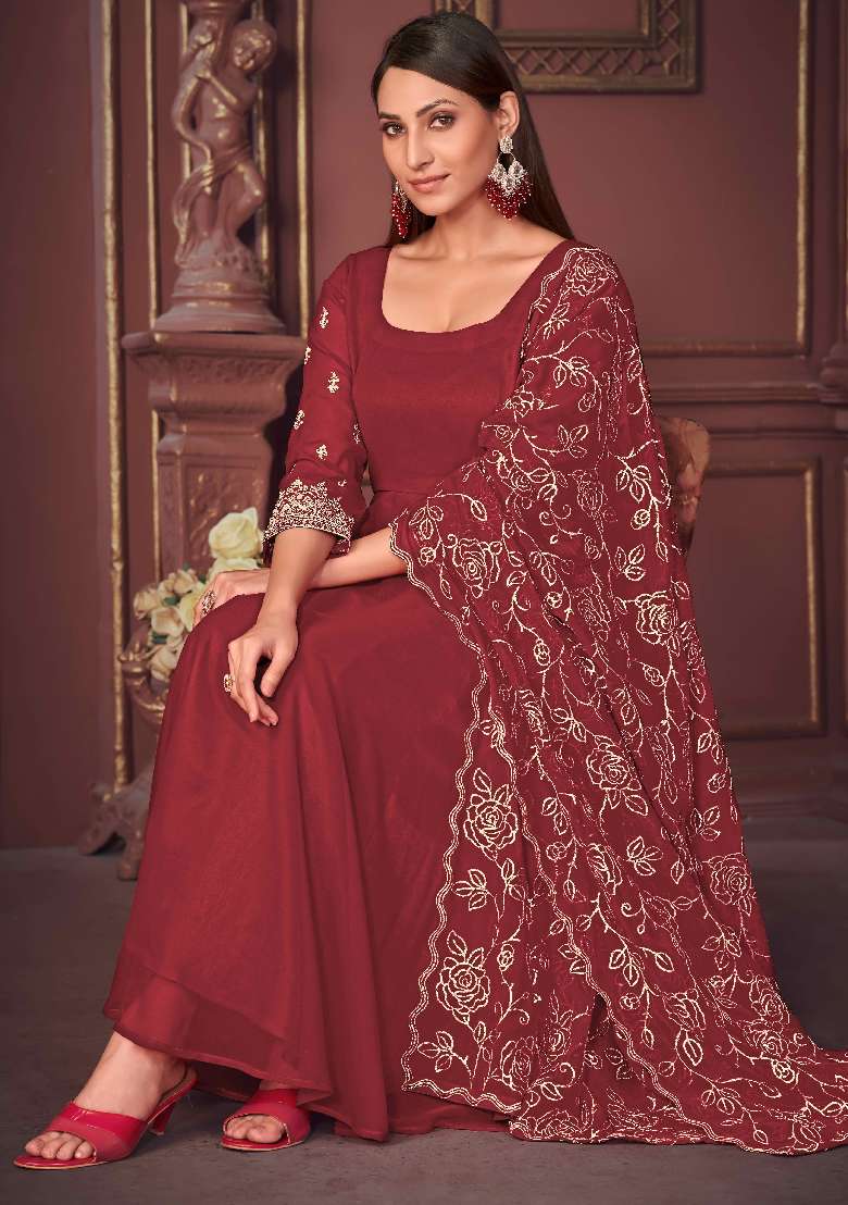 Maroon Solid Georgette Anarkali Set - Indya