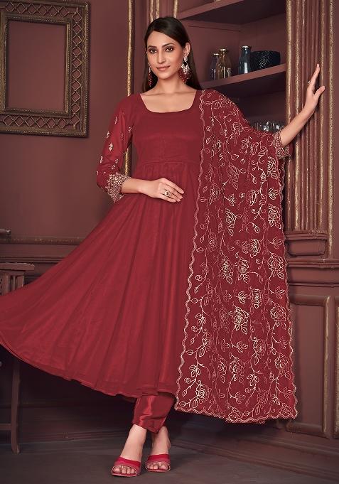 Maroon Embroidery Georgette Kurta Set