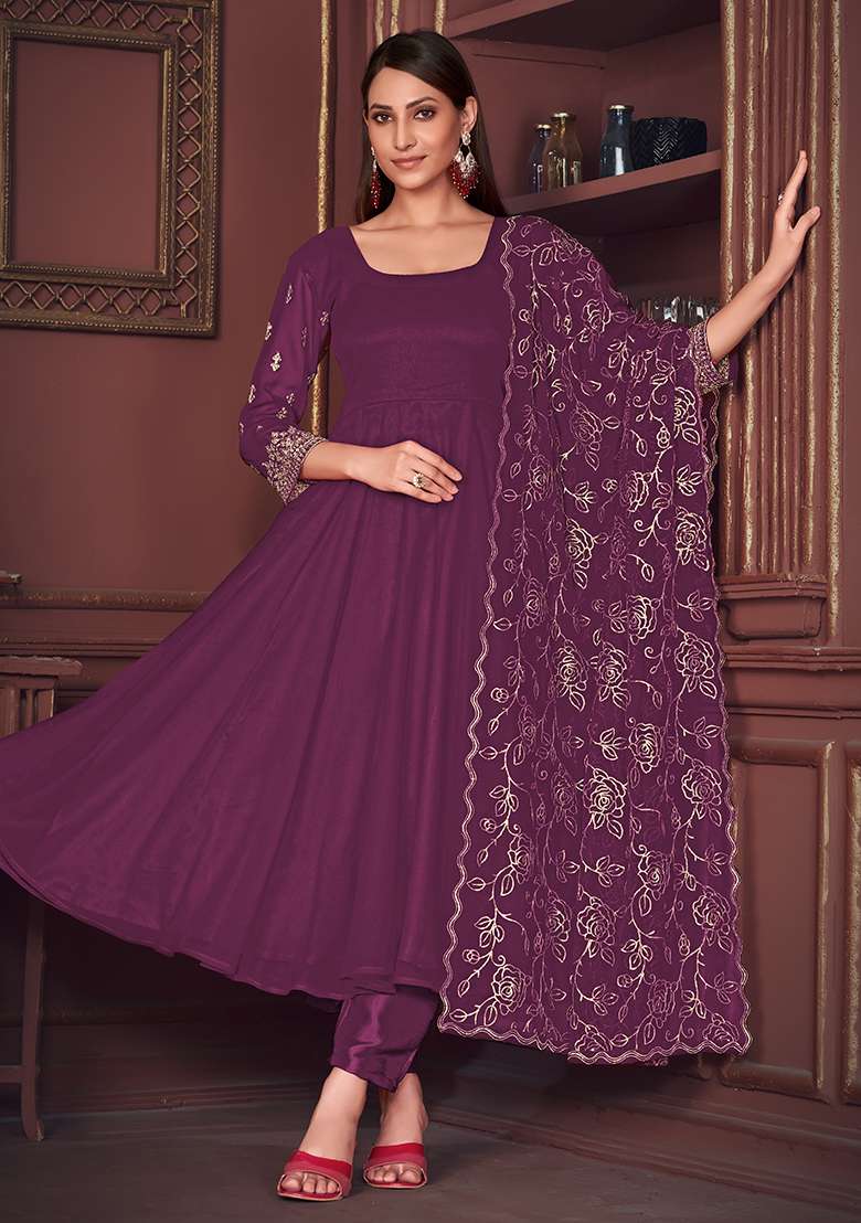 Purple Solid Georgette Anarkali Set - Indya