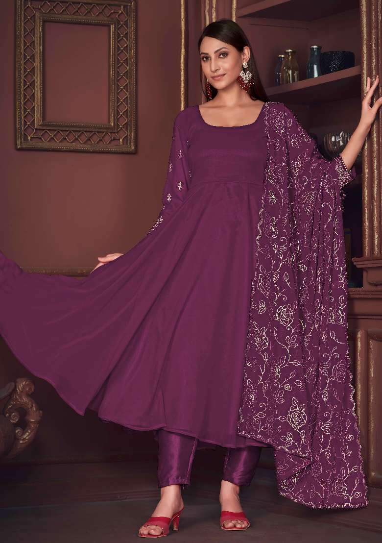 Purple Solid Georgette Anarkali Set - Indya