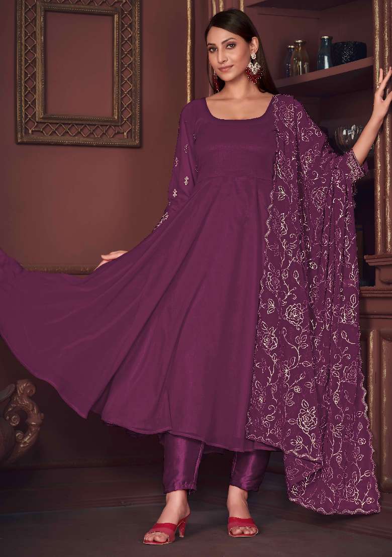 Purple Solid Georgette Anarkali Set - Indya