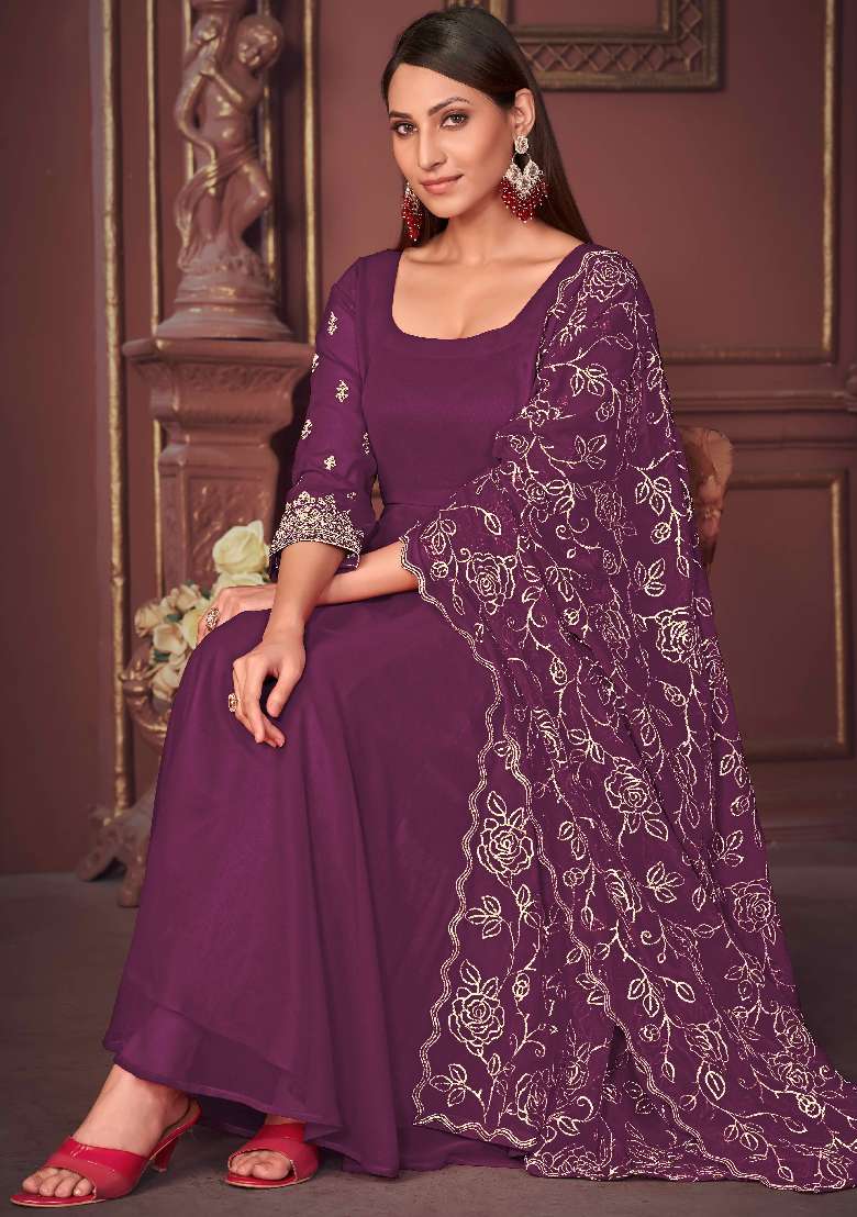 Purple Solid Georgette Anarkali Set - Indya