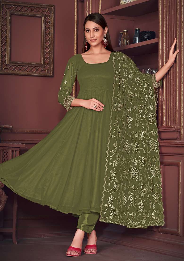 Light Green Solid Georgette Anarkali Set - Indya