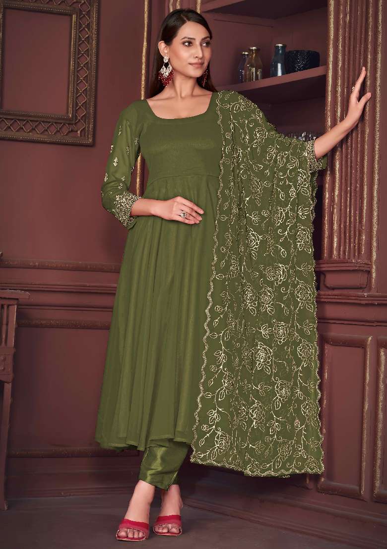 Light Green Solid Georgette Anarkali Set - Indya