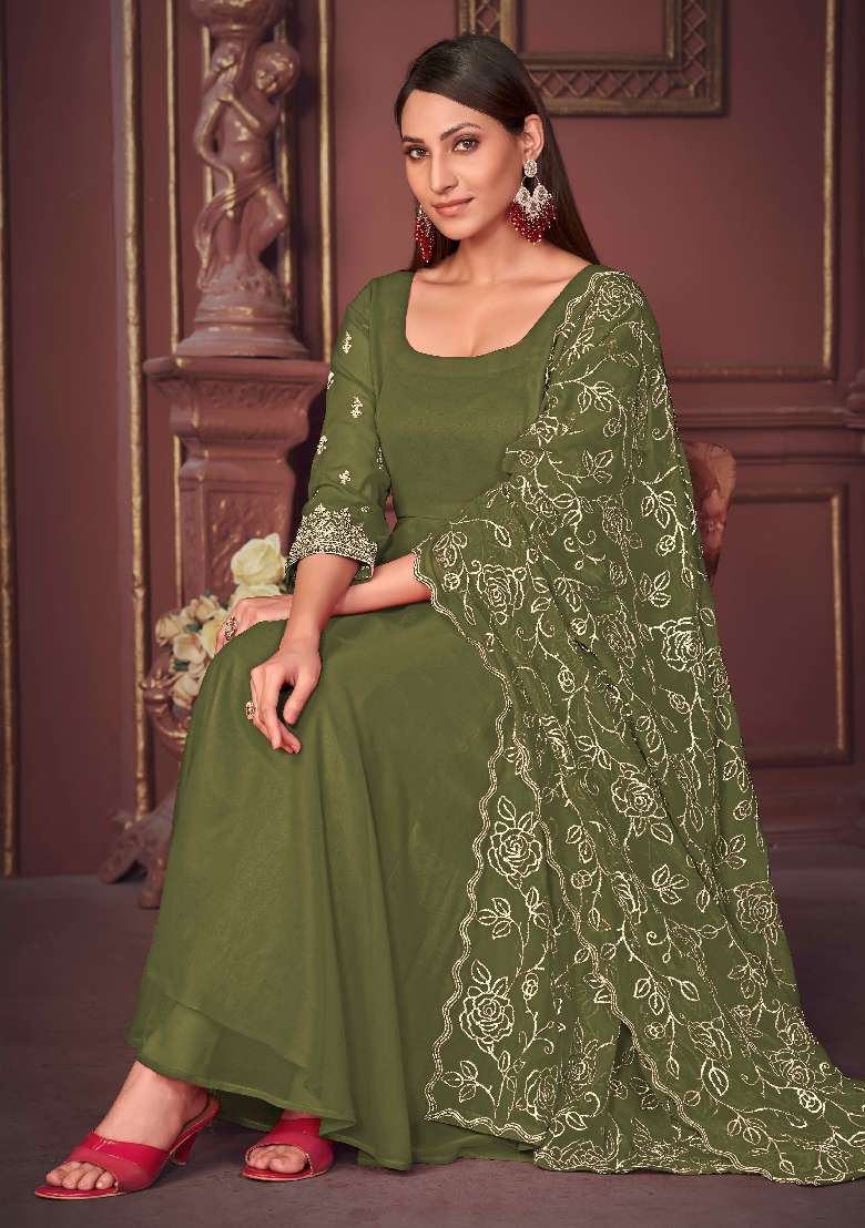 Light Green Solid Georgette Anarkali Set - Indya
