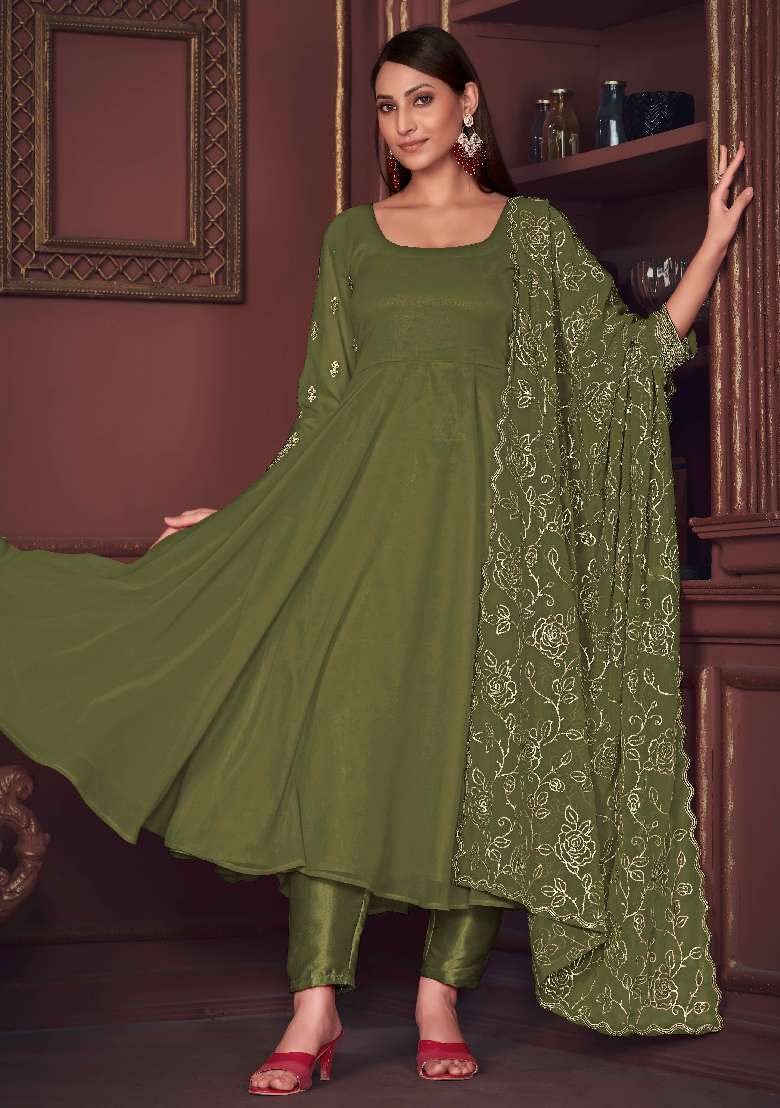 Light Green Solid Georgette Anarkali Set - Indya