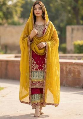 Maroon Pink Embroidery Chinon Sharara Set