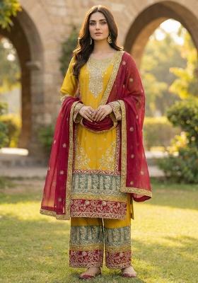 Yellow Embroidery Chinon Sharara Set