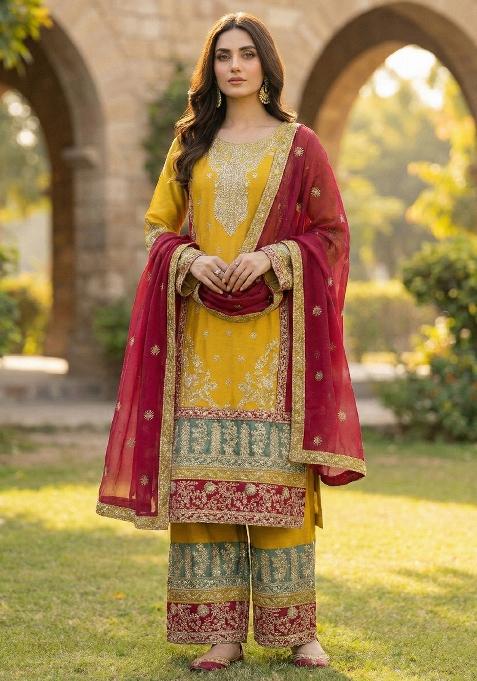 Yellow Embroidery Chinon Sharara Set