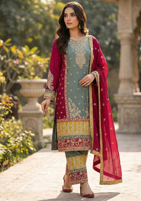 Grey Green Embroidery Chinon Sharara Set